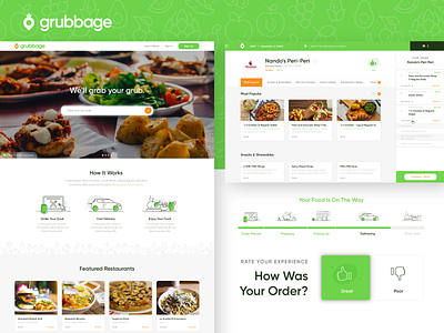 Grubbage :: Front-End Web card style checkout delivery driver food green iconography icons location map order progress bar rating restaurant ui ux web web design