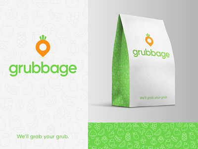 Grubbage :: Packaging bag brand branding carrot delivery food green location location pin logo logo design packaging pattern pin radish sack