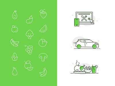 Grubbage :: Iconography apple avocado brand branding car computer delivery food fork fruit icon iconography meal spoon vegetables