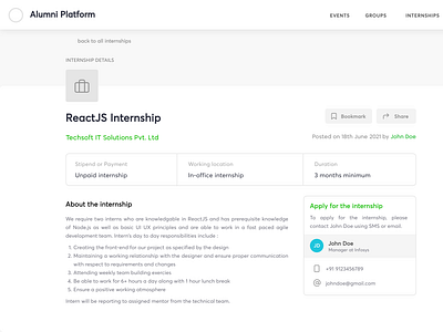 Internship Details page for Alumni Connect platform alumni designweb details internship react