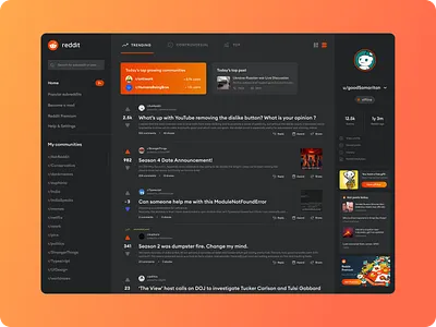Reddit Redesign avatar blog dark design login online post premium red reddit register theme ui ux web
