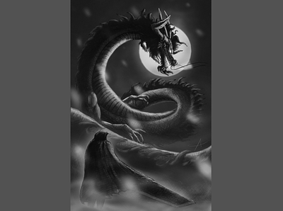 Facing the Dragon God berserk black black white creepy demigod dragon dragons drawing facing fantasy fear god illustration monster moon night powerful scales scary sword