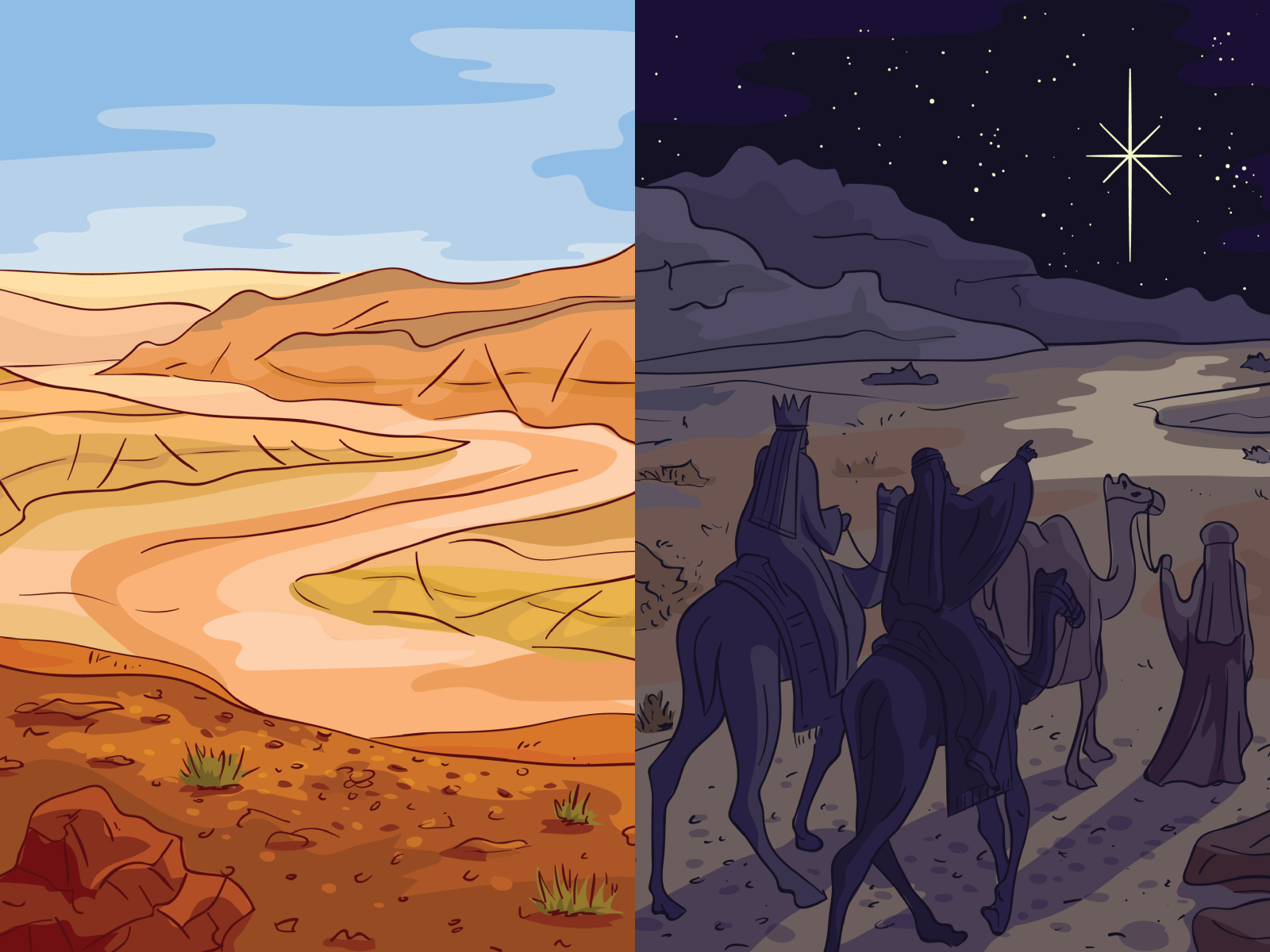 The Wise Mens' Journey bible camel day desert digital illustration holy kings illustration landscape night star vector vector illustration