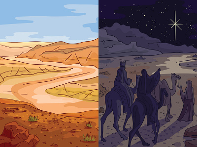 The Wise Mens' Journey bible camel day desert digital illustration holy kings illustration landscape night star vector vector illustration