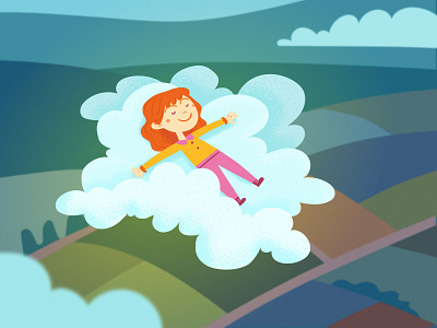 Up in the clouds character child clouds daydreaming digital illustration flat illustration flying illustration imagination landscape panorama sky vector illustration