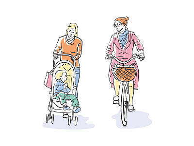 Taking a walk baby bicycle bright colors digital illustration editorial flat illustration illustration people vector vector art vector illustration walking