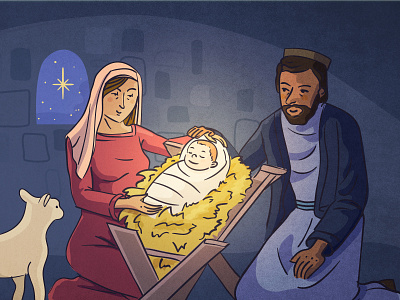 The Birth of Jesus biblical digital illustration editorial illustration jesus maria nativity postcard sheep vector vector art vector illustration