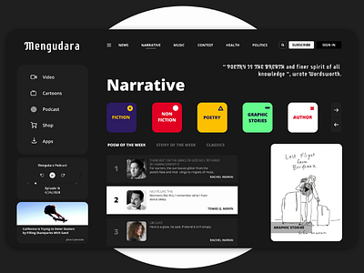 Digital Media and Broadcasting Website Concept app black branding broadcasting dark mode dashboard fiction figma landing page macbook media mobile app narrative news podcast poetry ui ux user interface web website