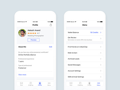 UrbanClap Partner Profile and Menu clean ios profile ui ux visual design