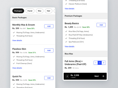 Adding Packages to Cart (in Design System) cart clean create mobile neat options qna questions ui ux visual design web