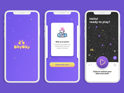 BikyBiky app app bike gamification gaming purple startup ui