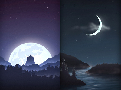 landscapes_01 blue forest illustration landscape moon moonlight night vector