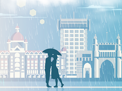 Mumbai Monsoon couple illustration india kiss landscape love monsoon mumbai rain romantic skyline umbrella
