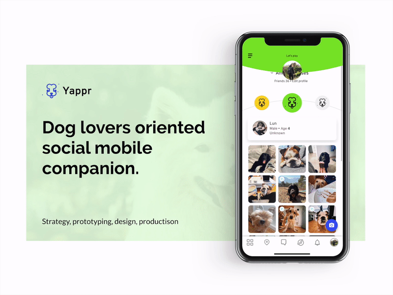 Yappr - Dog lovers oriented social mobile companion. app design logo minimal typography ui ux