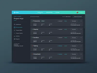 Prism Environments app dark environments iot list production sandbox staging things ui ux web