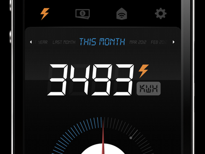 Power App pt.2 app blue citrusbyte consumption dark digital electricity energy gauge icons iphone orange power ui