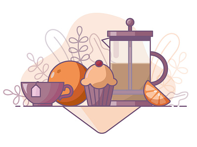 English breakfast breakfast cup cup of tea cupcake design flowers food food illustration french press illustration illustrator lunch morning orange plant tasty tea vector