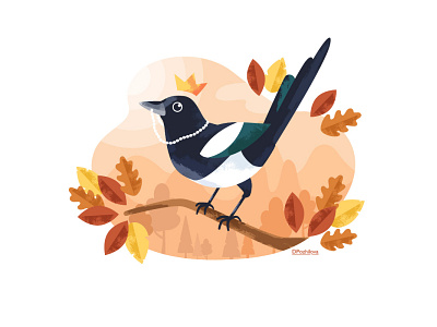 Magpie bird birds black white character design forest illustration illustrator leaves magpie pastel princess vector vector art