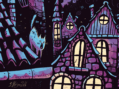 Halloween flight cat city halloween illustration night