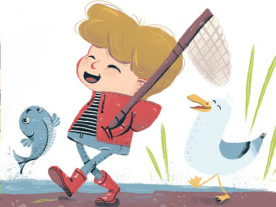 Beach Exploration - Boy and Seagull beach discover family illustration kidlitart nature ocean sea