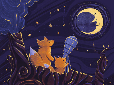 Watching the stars discover family fox illustration kidlitart moon nature stars