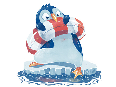 First swimming leassons beach illustration kidlitart nature ocean penguin sea