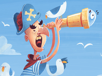 Land ahoy, Captain! gull illustration kidlitart maritime oirates pirate seagull seagulls sky