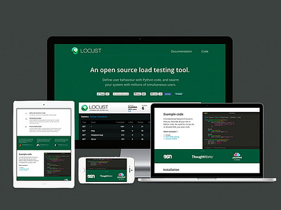 Locust.io, New design code green highlighting load testing locust open source responsive screenshot syntax ui ux website