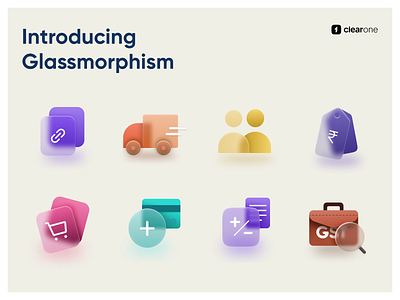 Glassmorphic Icon Set Design for ClearOne app branding design frosted glass glassmorphic glassmorphism icon iconography iconset illustration product design spot illustrations ui ux