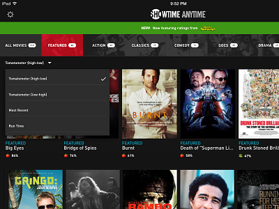 Showtime iPad App Redesign Concept app dropdown filter hover ipad movies redesign showtime sort