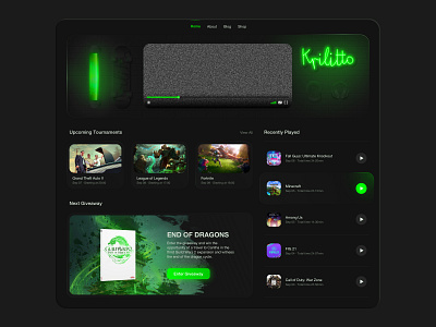 Krilitto dark dark mode dark web gaming green lights neon platform streaming ui urban web website