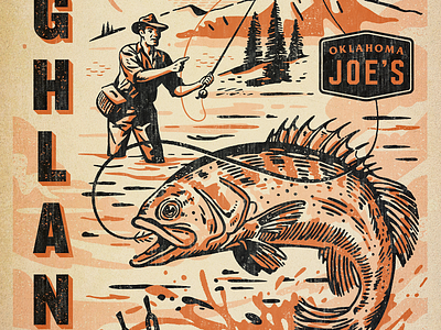 OKJs Series badge bbq branding fish fishing grill hunting illustration retro script smoker texture trout typography vintage