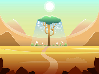 Magical oasis in the desert 2d desert flowers freshness graphic design green illustration leaves mountains nature oasis sun thirst tree