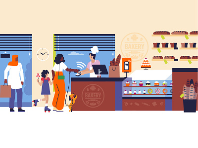 Pay with your phone visual / Character design at the bakery buying bread character character design design flat design gorl on skates illustration skate girl skates skating girl vector vector art vector dog