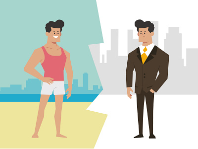 Beachboy or citydude animation beach boy branding business character character design city design flat flat design graphic character hipster illustration sand shorts skyline suit vector vector art