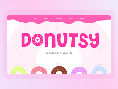 First screen for donuts online store, food delivery branding colourful concept delivery delivery service design donuts firstscreen food pastel color pastel colours pink site ui ui ux uidesign webdesign website website design websites