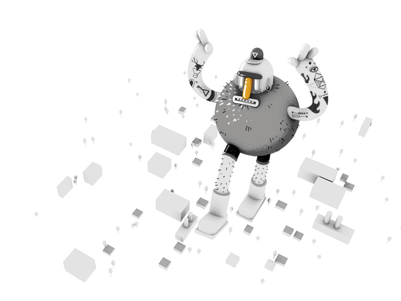 Giant hipster smashing town 3d cinema 4d hipster town tattoos black and white bw miniature giant