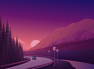 Mountain trip car illustration landscape mountains road sunset trip