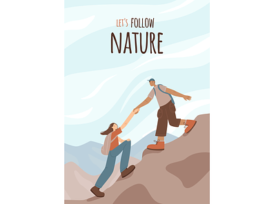 Poster on the theme of traveling to the mountains boy design friends girl graphic design hike illustration mountains
