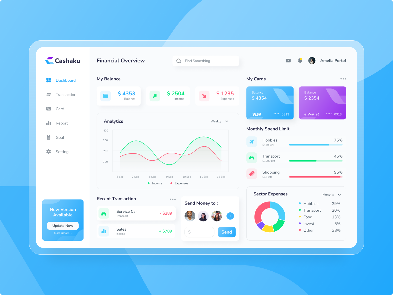 Cashaku Finance - Dashboard Exploration 2020 blue chart clean dashboad data desktop finance icon management modern money app transaction ui wallet website