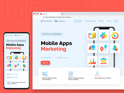 Mobile & desktop landing page design. Behance & Figma included app education header icon set illustration landing marketing