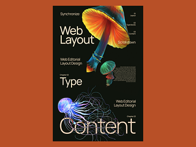 Editorial Layout Design book layout dark editorial hero illustration jellyfish layout mushrooms typogaphy web design