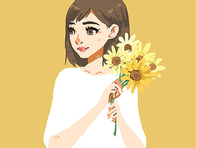 Girl with Flowers flowers girl illustration yellow