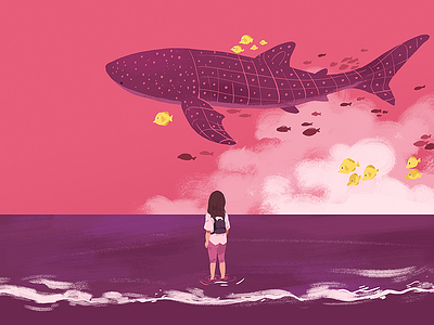 Dream beach dream fish illustration pink sky whale shark