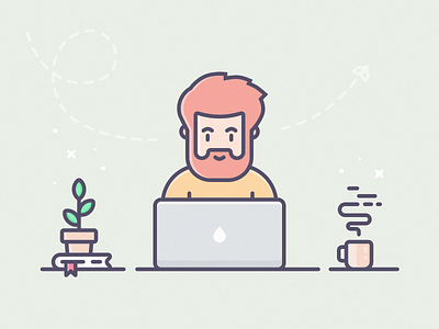Developer Tom beard character coffee cup computer designer developer icons illustration lineart person plant scene vector