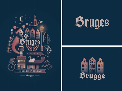 Bruges belgium branding bruges city country design illustration light lineart night streetlamp vector winter