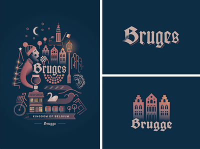 Bruges belgium branding bruges city country design illustration light lineart night streetlamp vector winter