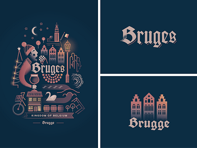 Bruges belgium branding bruges city country design illustration light lineart night streetlamp vector winter