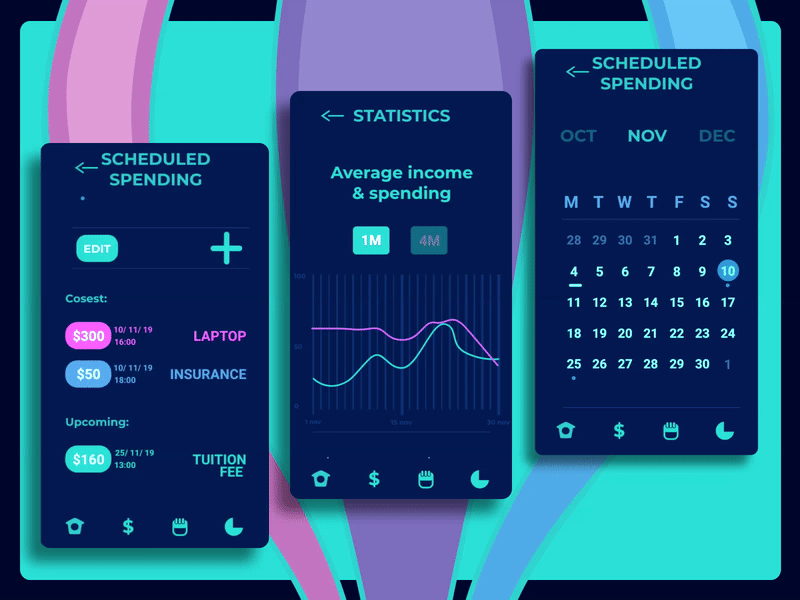 Financial scheduling animations animation branding calendar colorful design financial financial app illustration statistics ui ui ux uidesign ux uxdesign wireframe