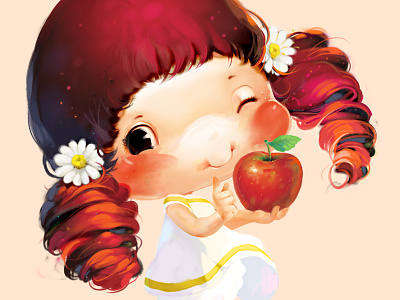 Little girl apple illustration label little girl red xnhan00